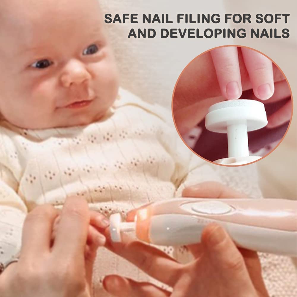 haakaa Baby Nail Trimmer Electric Safe Baby Nail Clippers Baby Nail File Kit Manicure Set, Trim Polish Grooming kit for Newborn Toddler or Adults Toes Fingernails, 6 Grinding Heads and LED Light, Pink - Image 3